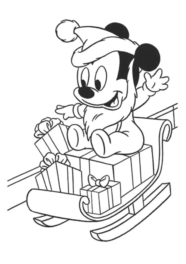 Mickey Mouse On Sleigh Coloring Page Free Printable