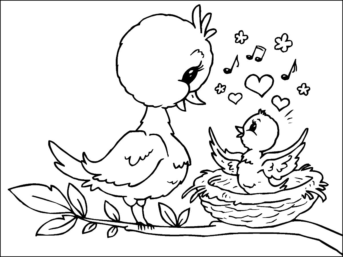 Mother Bird And Baby Bird Coloring Page - Free Printable Coloring Pages