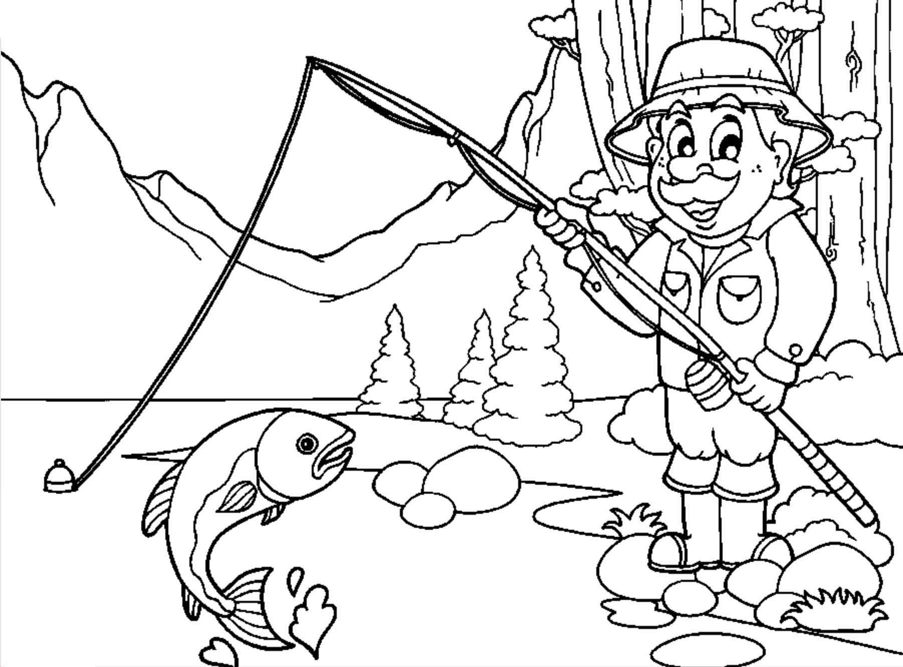 Fisherman on a Lake Landscape Coloring Page - Free Printable Coloring