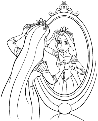 rapunzel in front of mirror coloring page  free printable