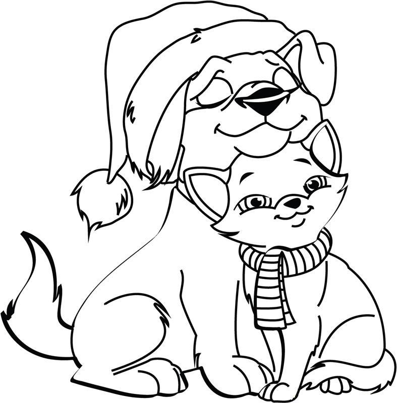 Dog And Cat On Christmas Coloring Page Free Printable