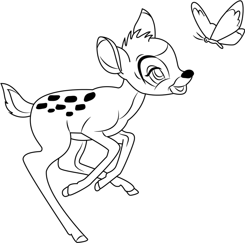 Bambi Playing With Butterfly Coloring Page - Free Printable Coloring