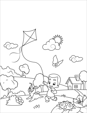 Little Boy Flying A Kite Coloring Page - Free Printable Coloring Pages