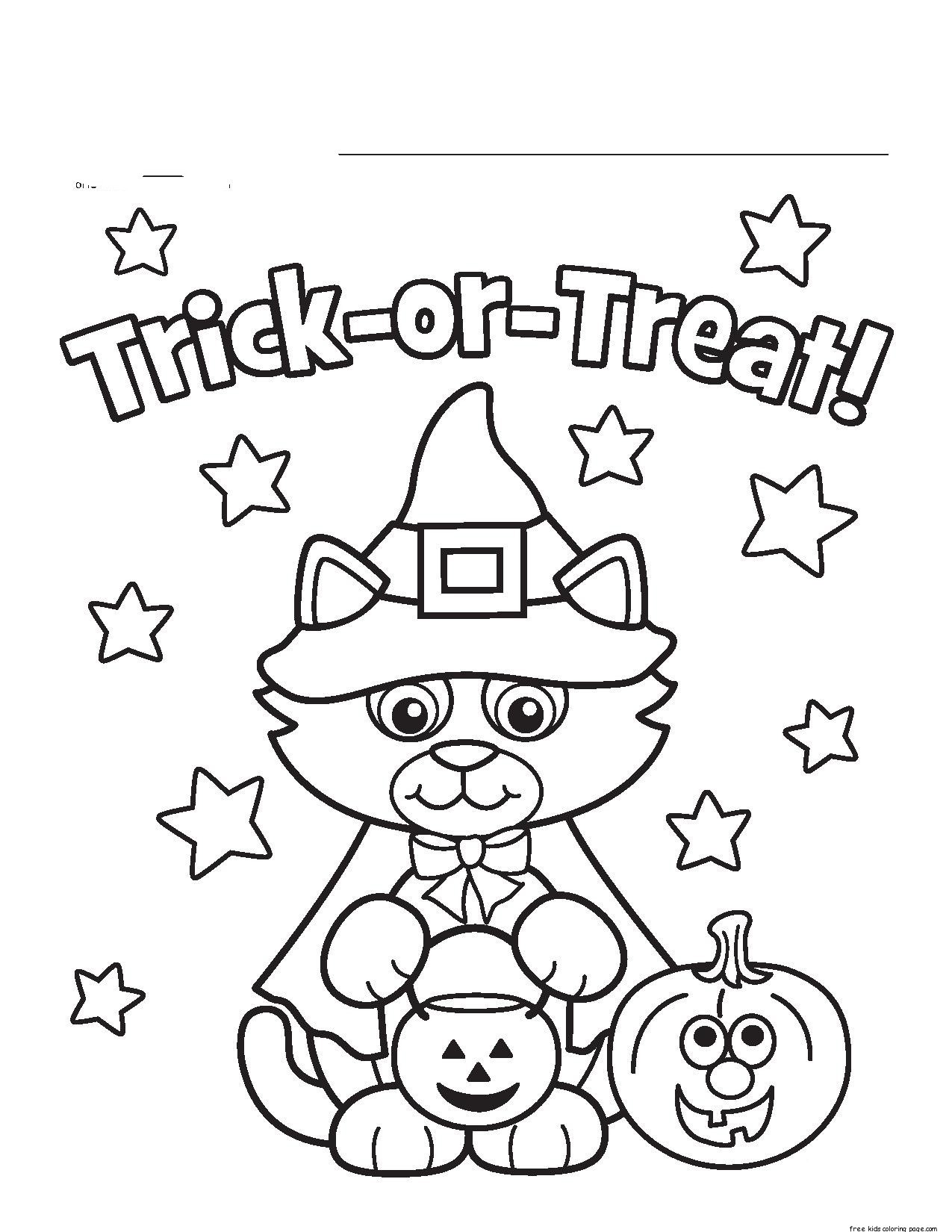 Trick Or Treats With Cat The Witch Coloring Page - Free Printable