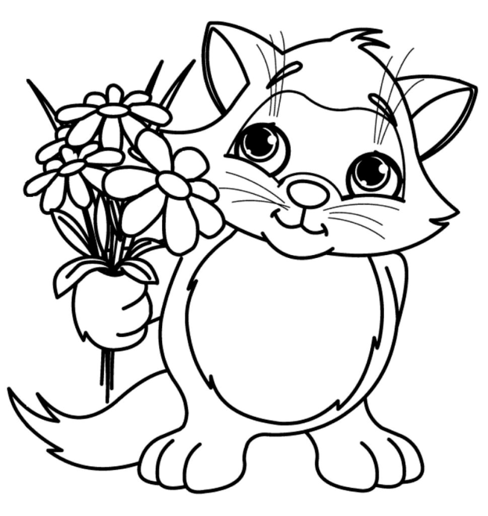 Cute Cat With Flowers Coloring Page - Free Printable ...