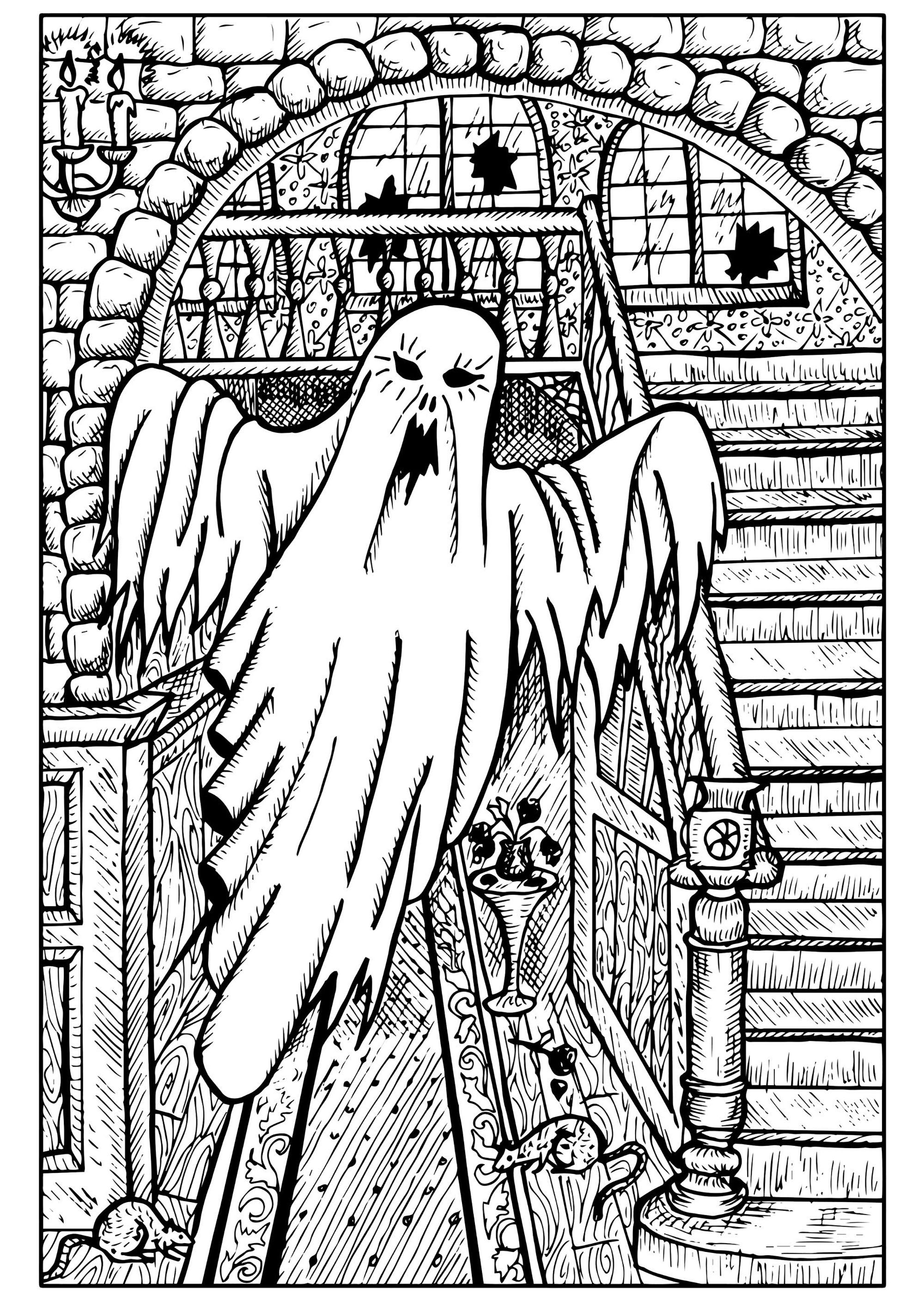 A Ghost In A Haunted House Coloring Page Free Printable Coloring