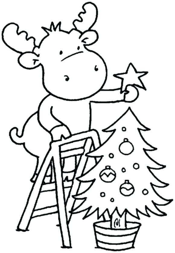 Reindeer Decorating Christmas Tree Coloring Page - Free Printable