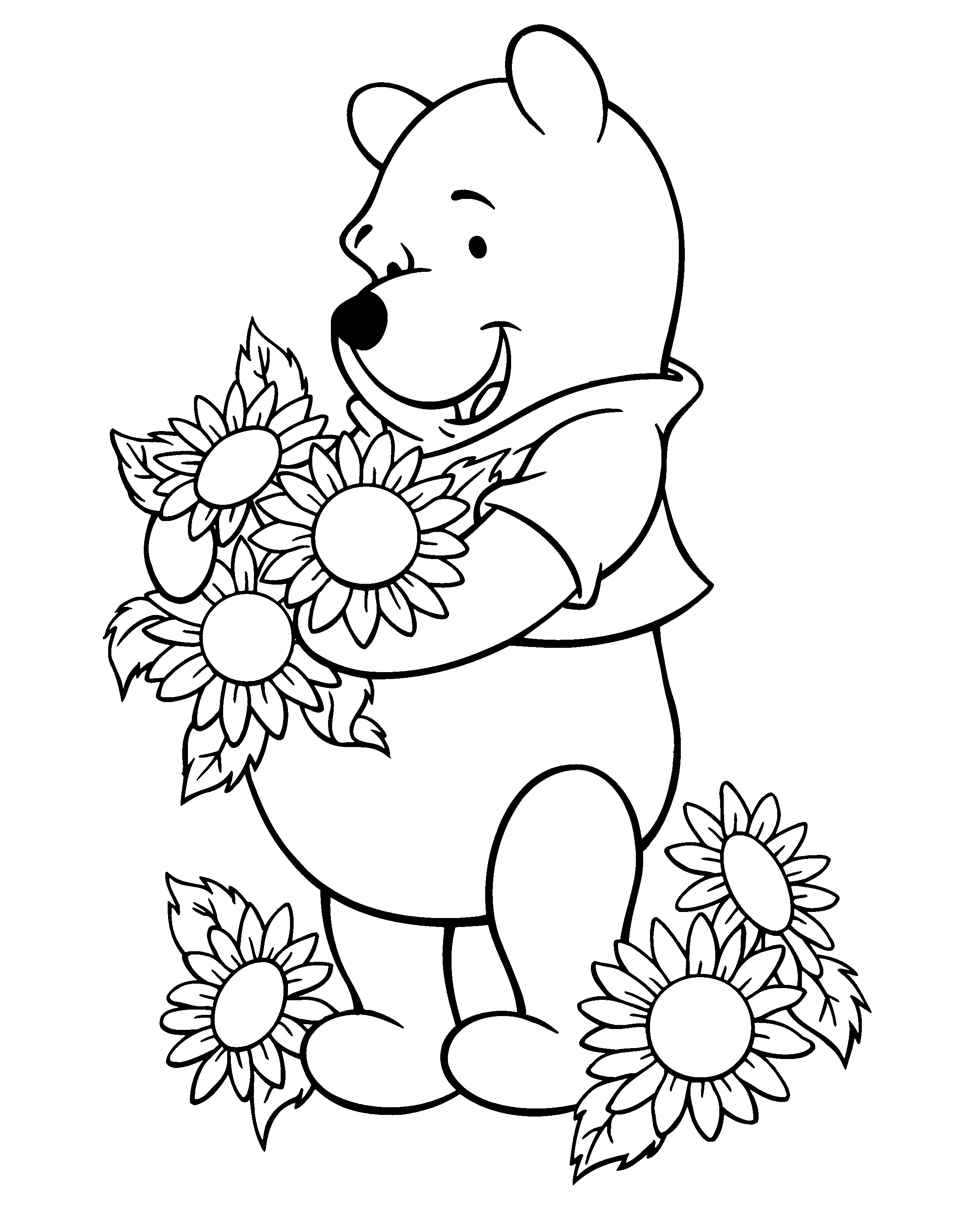 Pooh And Sunflowers Coloring Page - Free Printable Coloring Pages for Kids