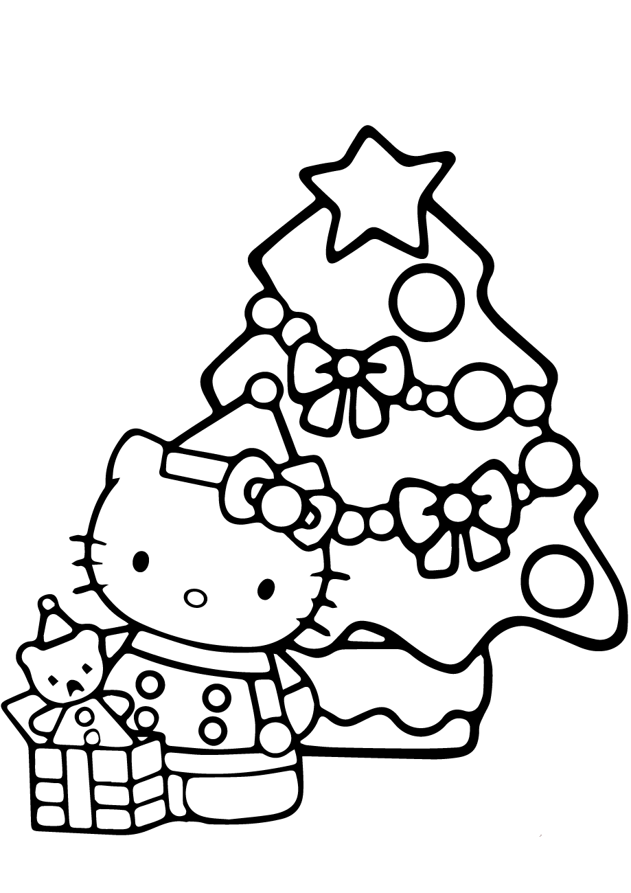 Kitty And Christmas Tree Coloring Page - Free Printable Coloring Pages