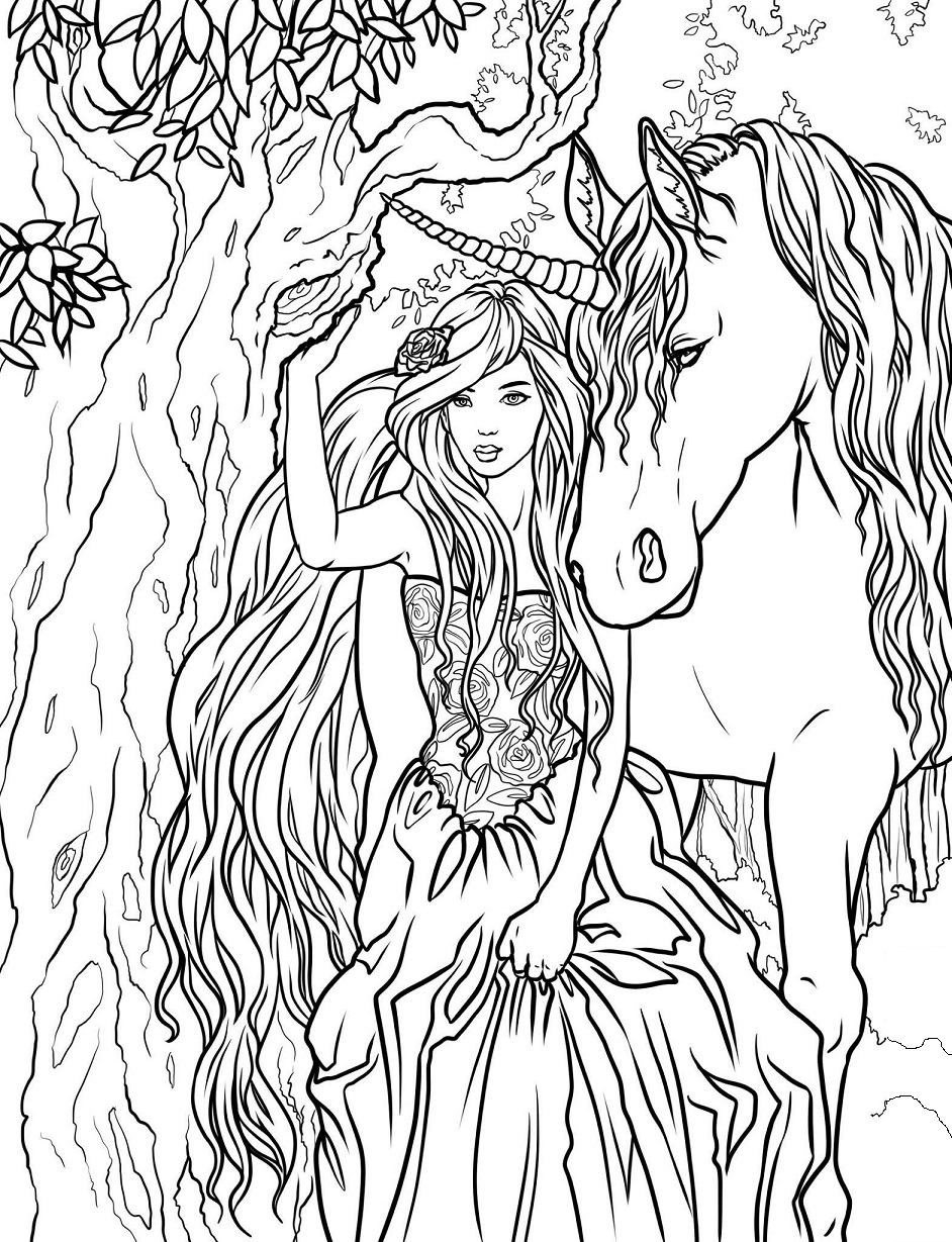 Beautiful Lady And Unicorn Coloring Page - Free Printable Coloring