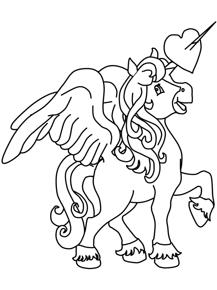 Unicorn With Heart On Horn Coloring Page - Free Printable Coloring