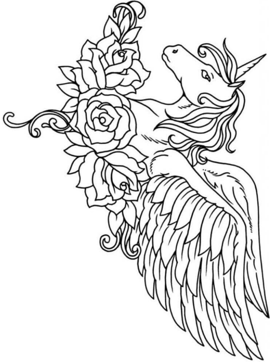 Winged Unicorn And Flowers Coloring Page - Free Printable Coloring