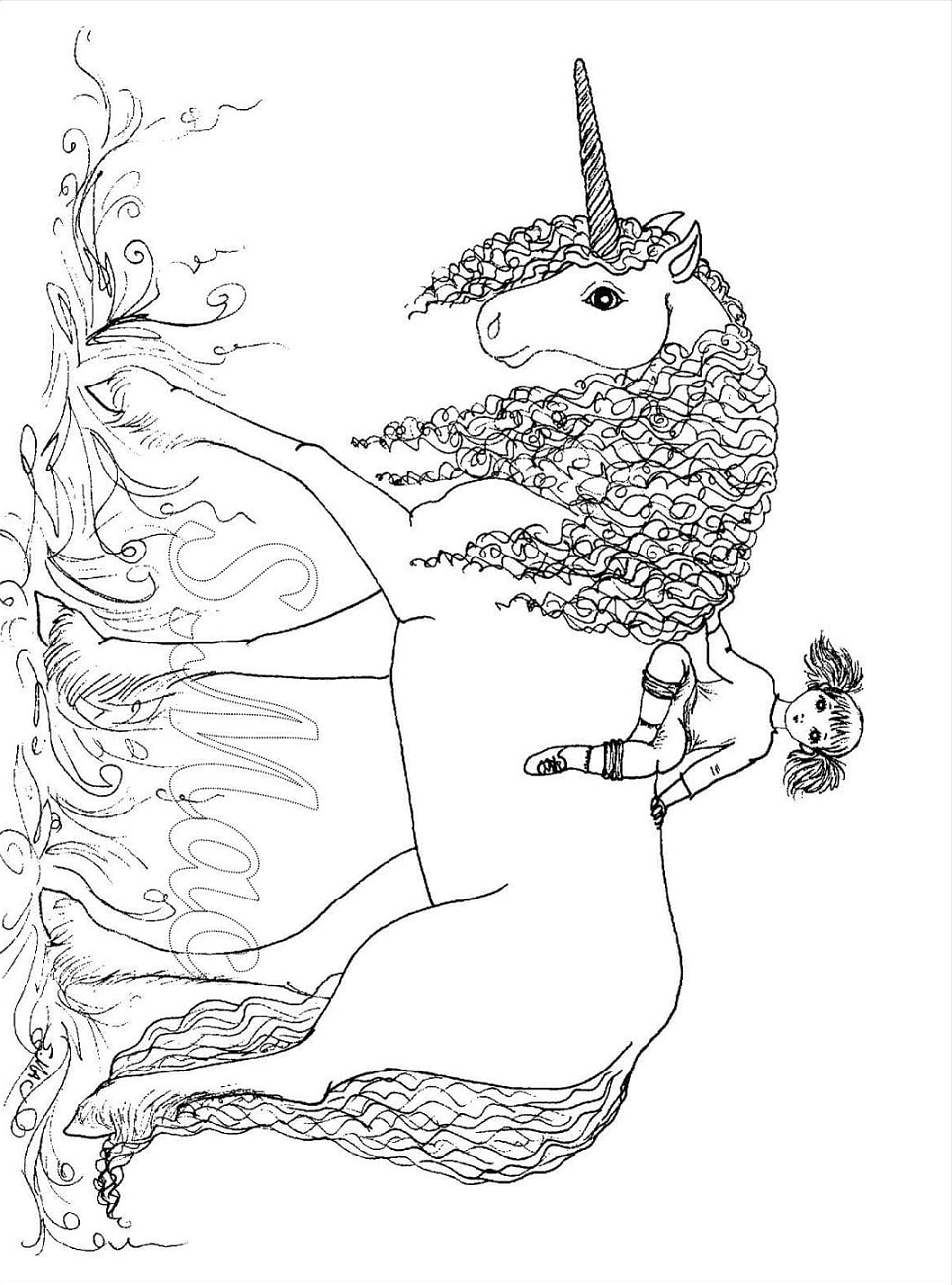 Little Girl On Unicorn Coloring Page - Free Printable Coloring Pages