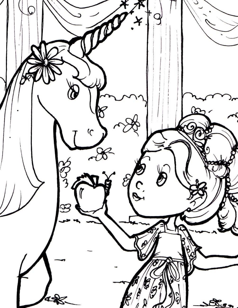 Girl Giving Apple For Unicorn Coloring Page - Free Printable Coloring