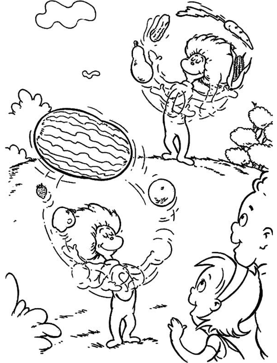 Thing 1 Thing 2 Playing With Fruits Coloring Page Free