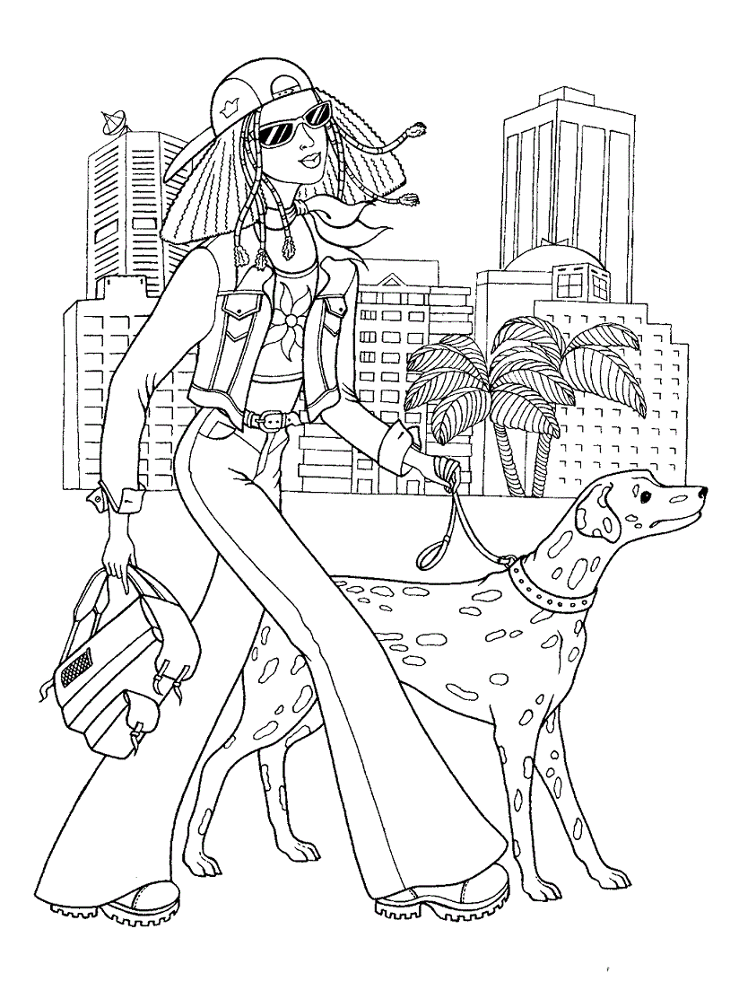 Fashion Teenager Girl With Her Dog Coloring Page - Free Printable