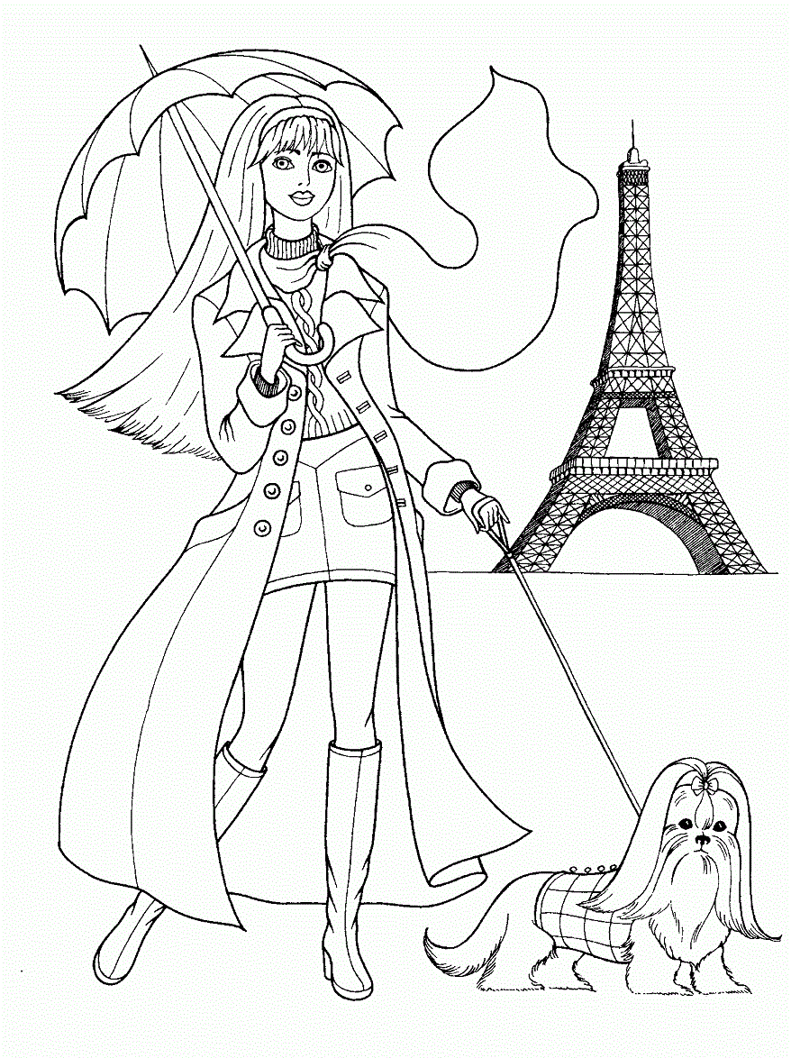 Teenager Girl With Her Dog In Paris Coloring Page - Free Printable