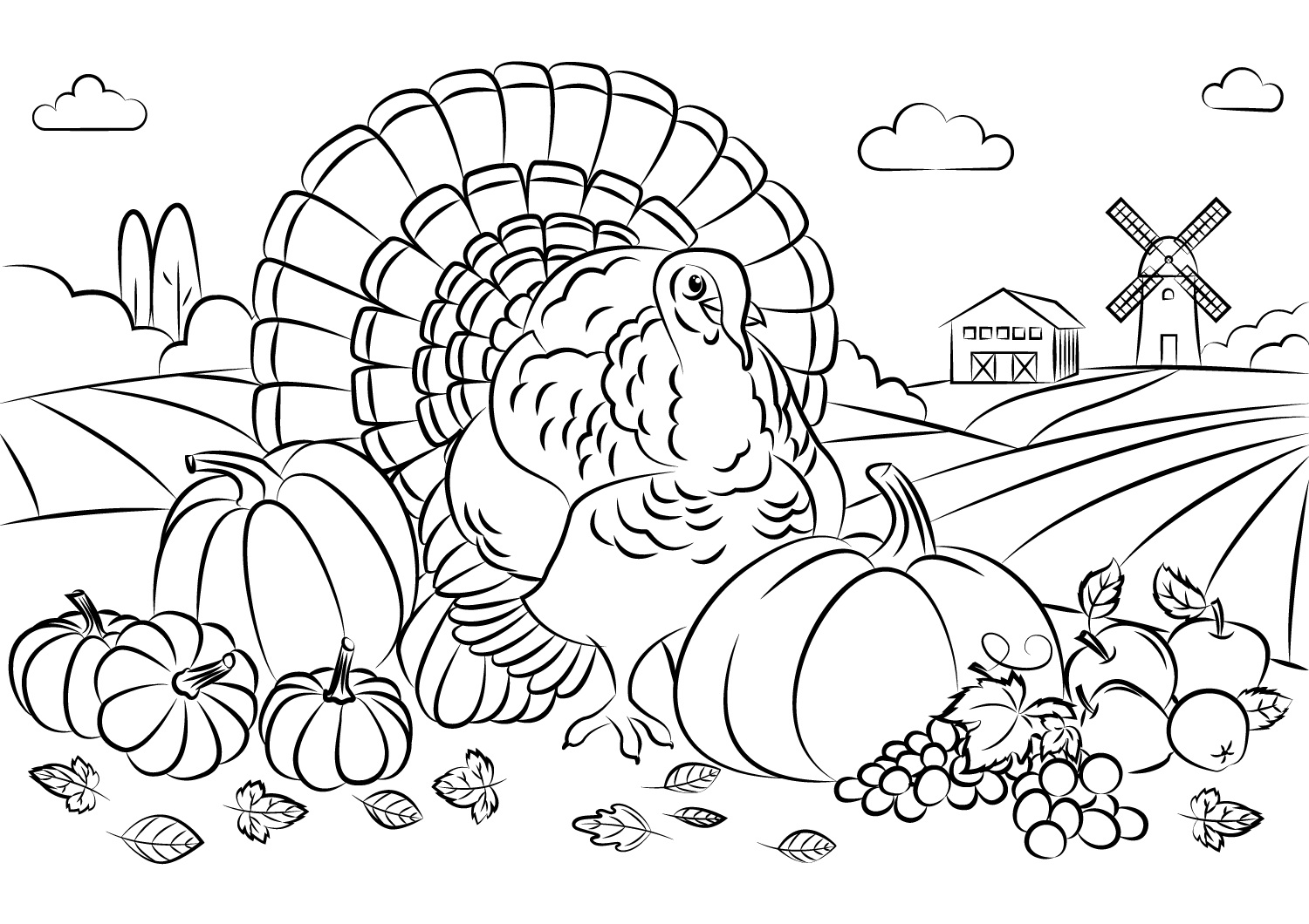Thanksgiving Turkey With Harvest Coloring Page - Free ...