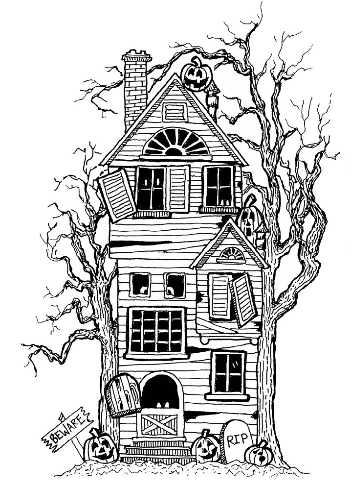 Creepy Haunted House Coloring Page - Free Printable Coloring Pages for Kids