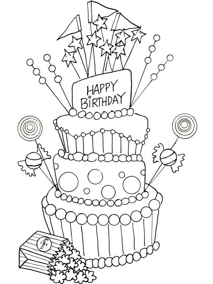 Popcorn and Birthday Cake Coloring Page - Free Printable Coloring Pages